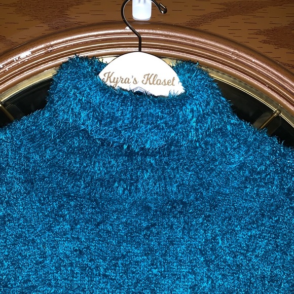 Molly & Isadora Vita Turtleneck Fuzzy Knit Pullover Sweater In Dark Teal - Picture 7 of 16